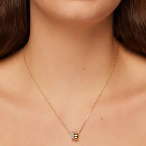 Gold Plated CZ Barrel Pendant Necklace, Double Ring Cylinder Charm, Elegant Fashion Jewelry for Women