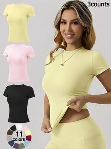 3 counts Women's Short Sleeve Workout Tops - High-Elasticity Slim-Fit Yoga Tee, Breathable Quick-Dry Fitness Shirt for Gym, Running Training & Casual Daily Wear