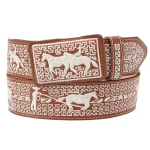 Cinto Vaquero Bordado Ancho 2" Color Miel con Blanco de Caballo