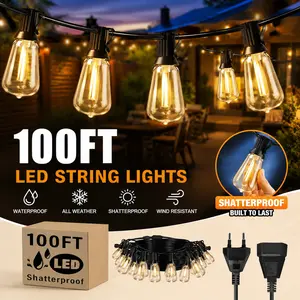 LED Outdoor String Lights  Shatterproof Waterproof ST38 Vintage Edison Bulbs Patio Lights Energy Saving Hanging Outdoor for Christmas Porch Deck Garden Backyard Wedding Party，25Ft.50Ft.100Ft