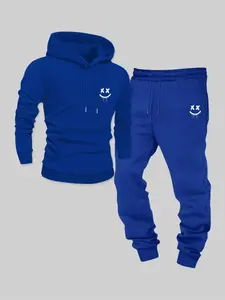 Men's Fleece Hoodie Sweatshirt Set, Warm Comfortable Long Sleeve Casual Top with Smiley Face Print, Fall Winter Daily Wear