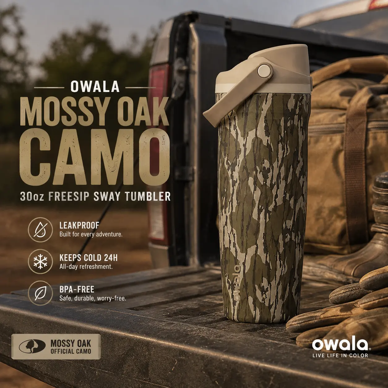 Owala Camo 30oz FreeSip Sway Tumbler, Stainless Steel Water Bottle with Locking Lid, Straw and Carry Handle for Men, Work & Travel