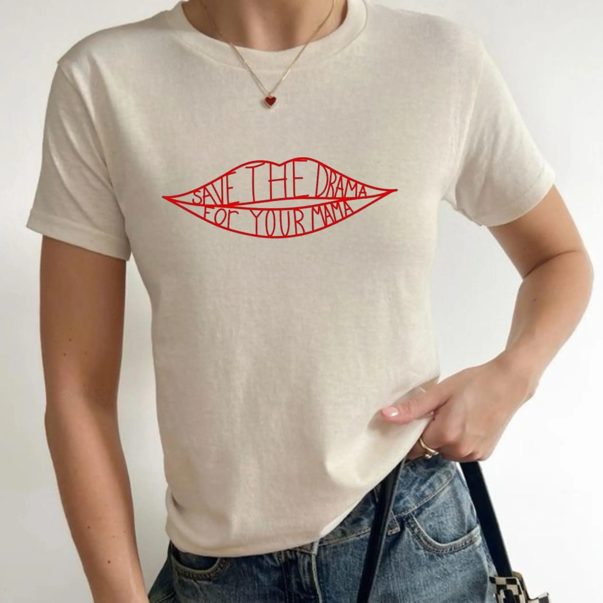 Save the Drama for Your Mama Graphic Women's Baby Tee, Rachel Green Y2K Women's Fitted T-Shirt, Save the Drama Women's Baby Tees, Gift for Her