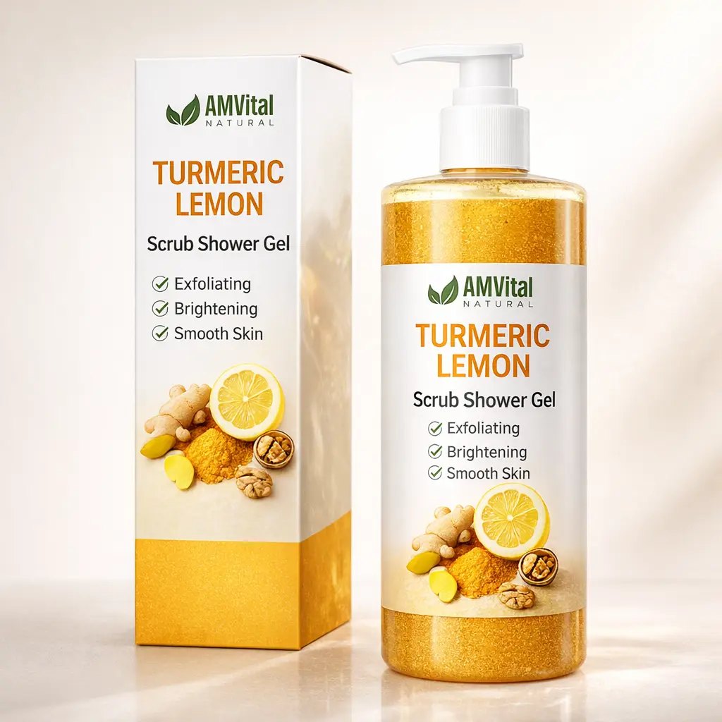 AMVital Turmeric & Lemon Exfoliating Body Wash - Gentle Daily Scrub for Dull, Rough Skin, Brightening Cleanser for Smoother Glow