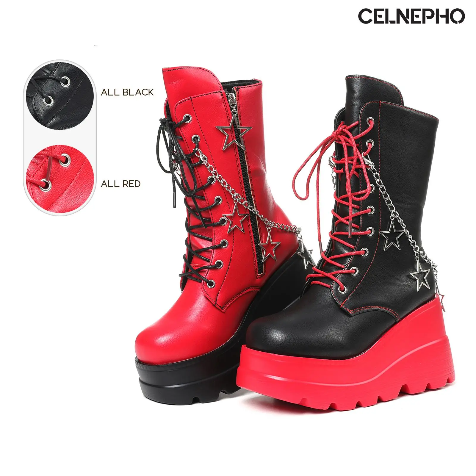 CELNEPHO Platform Boots for Women Round Toe Chunky Wedge Heel Mid Calf Boots Thick Sole Rave Kawaii Boot Sode Zipper Closure Starry Sky Chain Decor Lace Up Easy Pull on Comfy Boot Street Party Bike Riding Gothic Punk Cosplay Dress Shoes