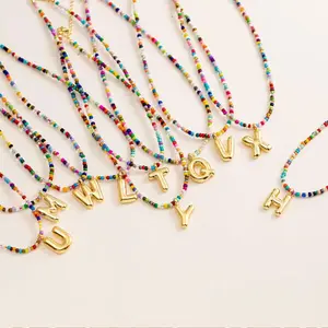 3D Bubble Letter Colored Rice Bead Necklace Personalized Customized 26 Letters Pendant Women Jewelry Necklace For Yourself Gift