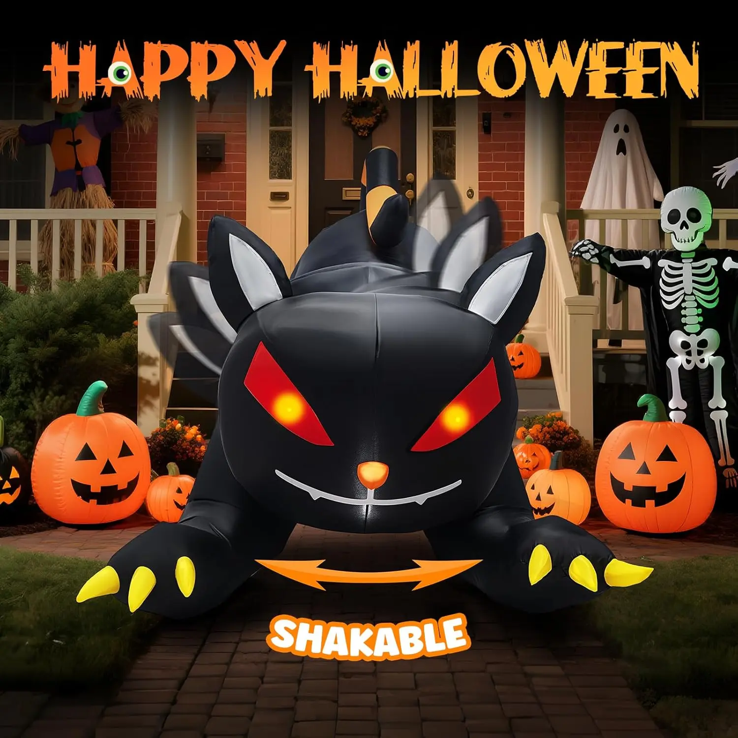 VINGLI Halloween Inflatable Huge Black Cat with Swinging Head & LED Lights, Giant Blow Up Outdoor Yard Decoration for Garden, Lawn & Party Creepy