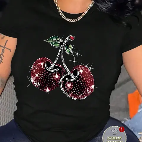 Women's Cherry Print Round Neck Tee, Vintage Trendy Casual Short Sleeve T-shirt for Daily Wear, Ladies Summer Clothes, Graphic Tees Women