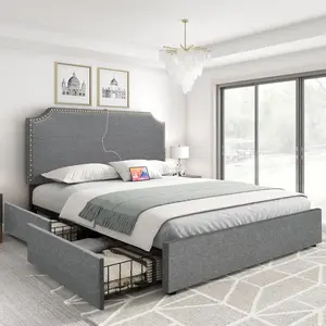 【Limited time deal】BM-CBX King Bed Frame with 4 Storage Drawers, Upholstered Platform Bed Frame with Adjustable Rivet-Trimmed Headboard, USB & Type-C Charging Ports, Wooden Slats, Easy to Assemble (Gray)