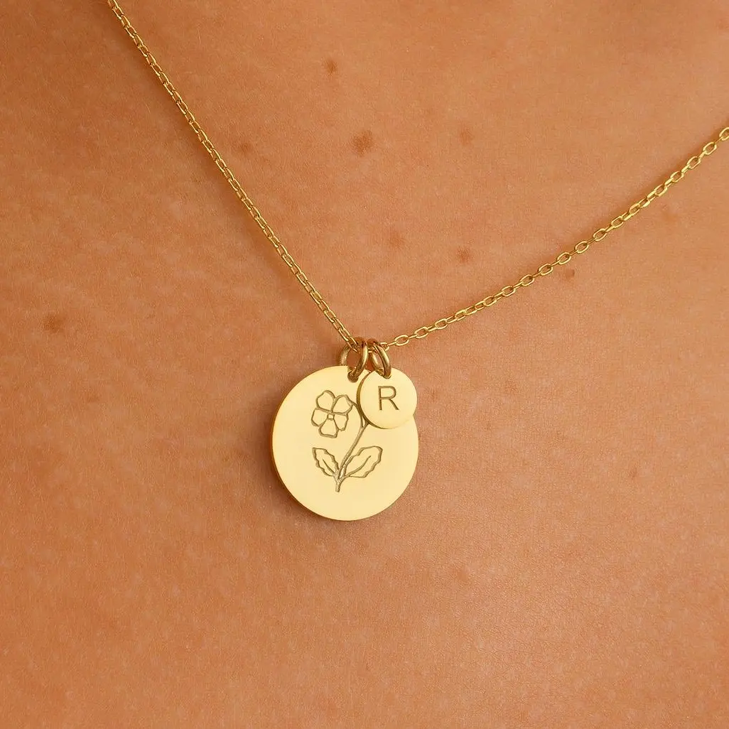 Birthflower Disc Necklace, Personalized Birthflower Pendant, Birthflower Anniversary Necklace, Customized Initial Necklace, Letter Bridesmaid Necklace, Letter Keepsake Necklace, Initial Disc Minimalistic Necklace, Letter Coin Necklace Gift For Her