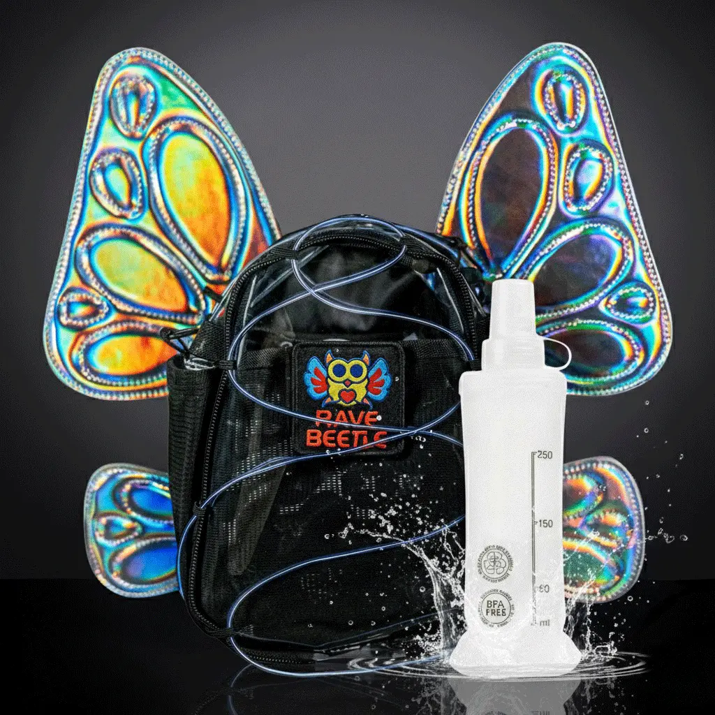 RaveBeetle FLOWt Hydration Festival Pack – Swappable Wing Rave Backpack with 8oz Soft Water Bottle & Light Accessory (Clear)