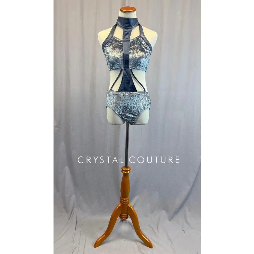 Dusty Blue Velour Connected Two Piece - Rhinestones