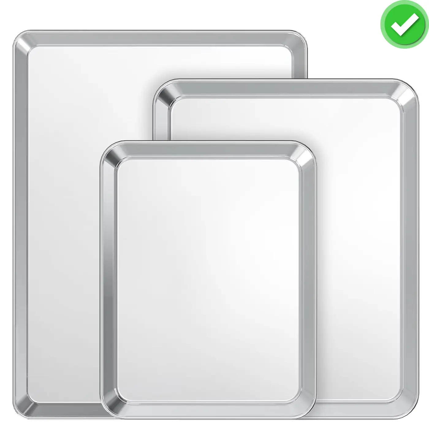 Baking Sheet Set of 3, Stainless Steel Cookie Sheet, Toaster Oven Baking Pan Set, Rectangle Size 10/13/16 inch, Mirror Finish & Rust Free, Dishwasher Safe