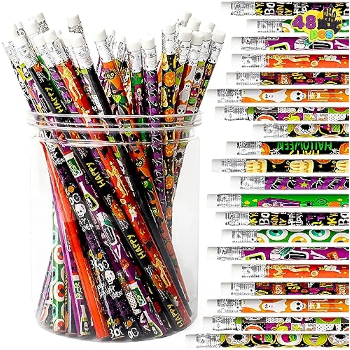 48PCS Halloween Pencils Bulk with Eraser, Colorful Fall Pencil Assortment, 12 Design Halloween Themed Stationery Set for Kid Girl Boy Trick or Treating Party Favor Supplies, Classroom Gift Prize