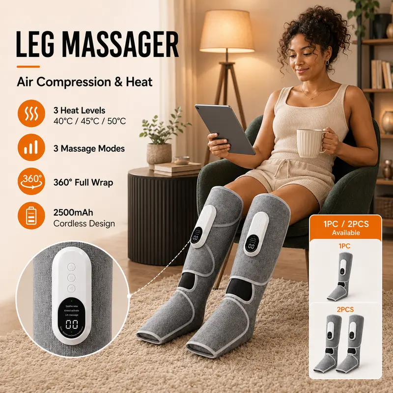 Cordless Dual-Purpose Leg Massager Pair with Heat - Knee Pain Relief, Circulation Boost, 3 Intensity Settings, 3 Modes, Battery Powered, Easy-to-Use Muscle Relaxation Personal Care Massage Device (Gift Option)
