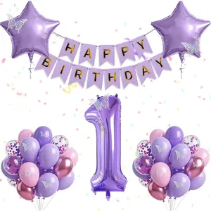 1st Birthday Party Decorations for Girls with Happy Birthday Banner, Number 1 Balloon, Star Balloons, Purple Butterfly and Birthday Confetti Balloons