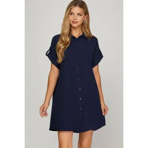 She + Sky Full Size Button Down Short Sleeve Woven Shirt Dress Plus Size