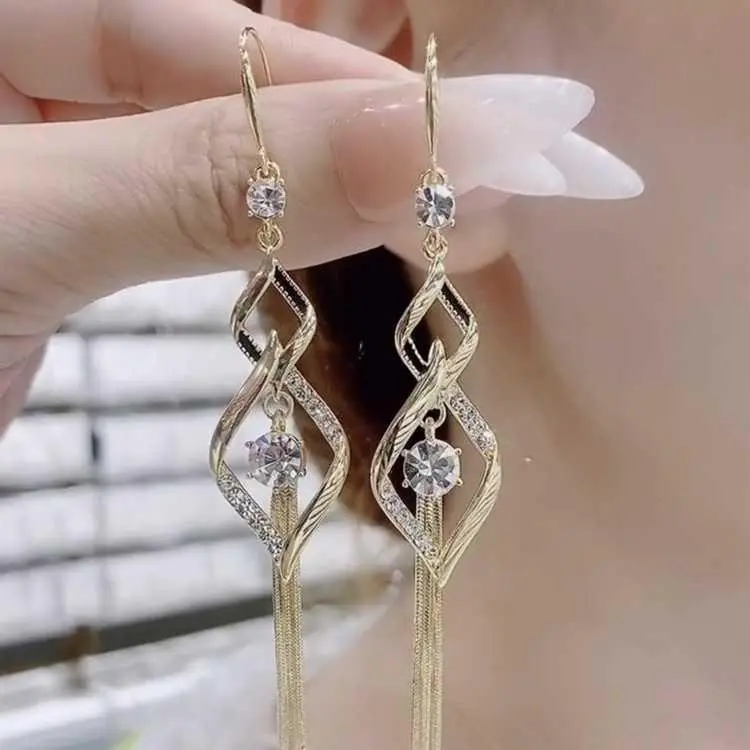 Women's Fall-Winter Elegant Goddess Style Full Rhinestone Geometric Diamond Dangle Earrings with Tassels, Face-Slimming Fashion Costume Jewelry, HNAO14, Diamonds