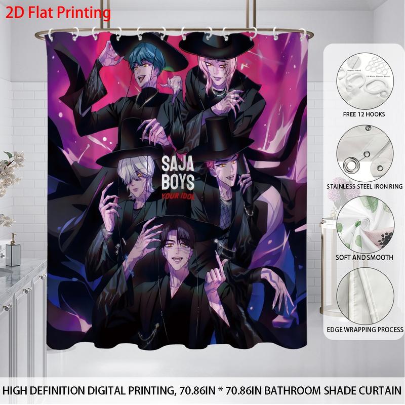 K-POP Demon Hunters Bathroom Set, Including Shower Curtain with 12 Hooks, Non-Slip Bath Rug, U-Shaped Toilet Mat, Toilet Lid Cover, Bathroom Decoration Accessories