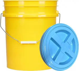 5 Gallon Food Grade Plastic Bucket with Air Tight Screw on Lid Made in USA Container (Yellow Bucket with Aqua Lid)
