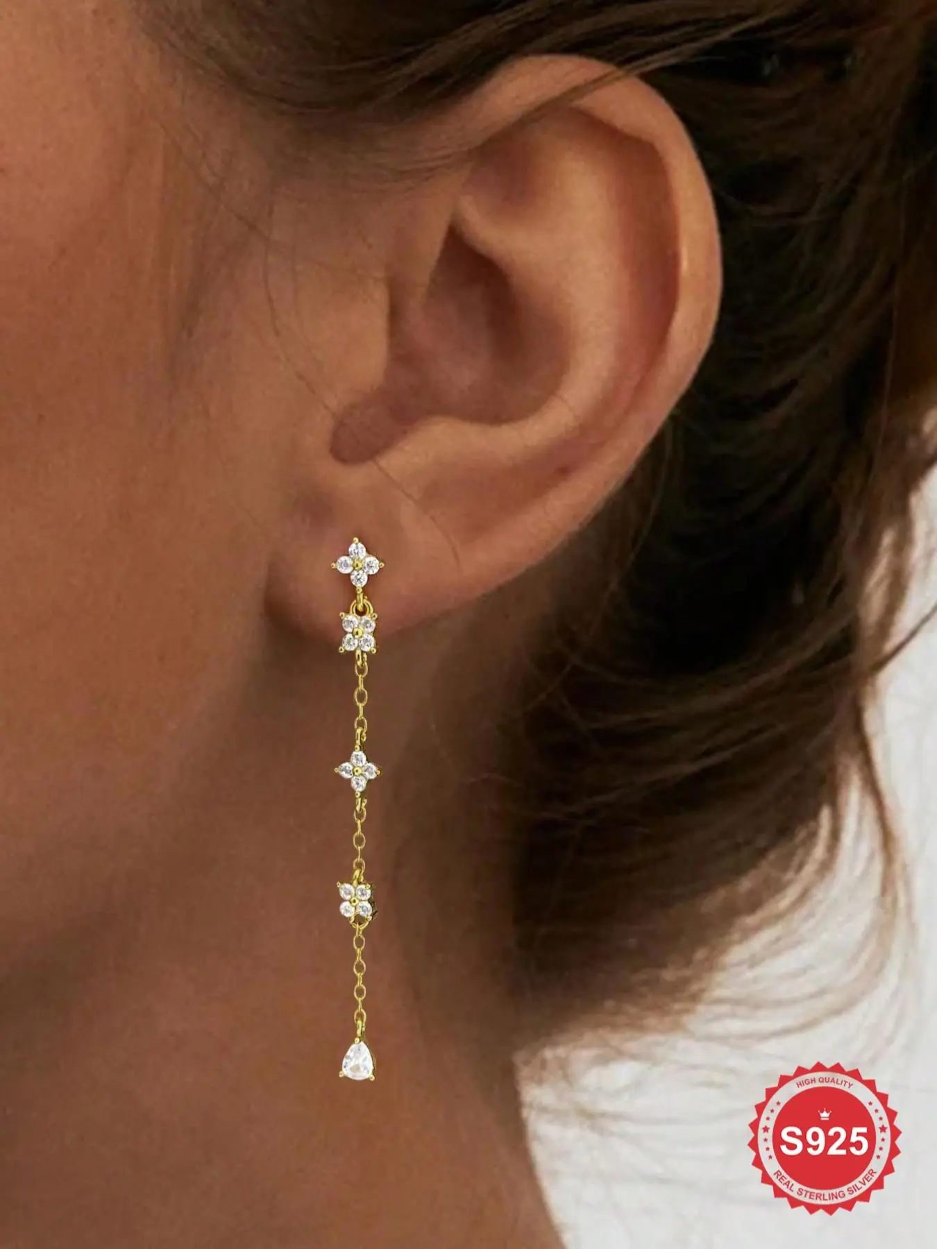 925 Sterling Silver Fashion Elegant Chain Tassel Petal Stud Earrings, Dating Daily Wear Artificial Zircon Earrings, Fine Jewelry Girlfriend Birthday Gift, Flower Earrings