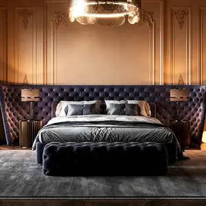 Hotel Style Plush Tufted King Bed, Extra Large Channel Button Tuft Headboard, Stain Resistant Soft Velvet Upholstered Bed Frame with Matching Round Stools for Warm Luxury Master Suite