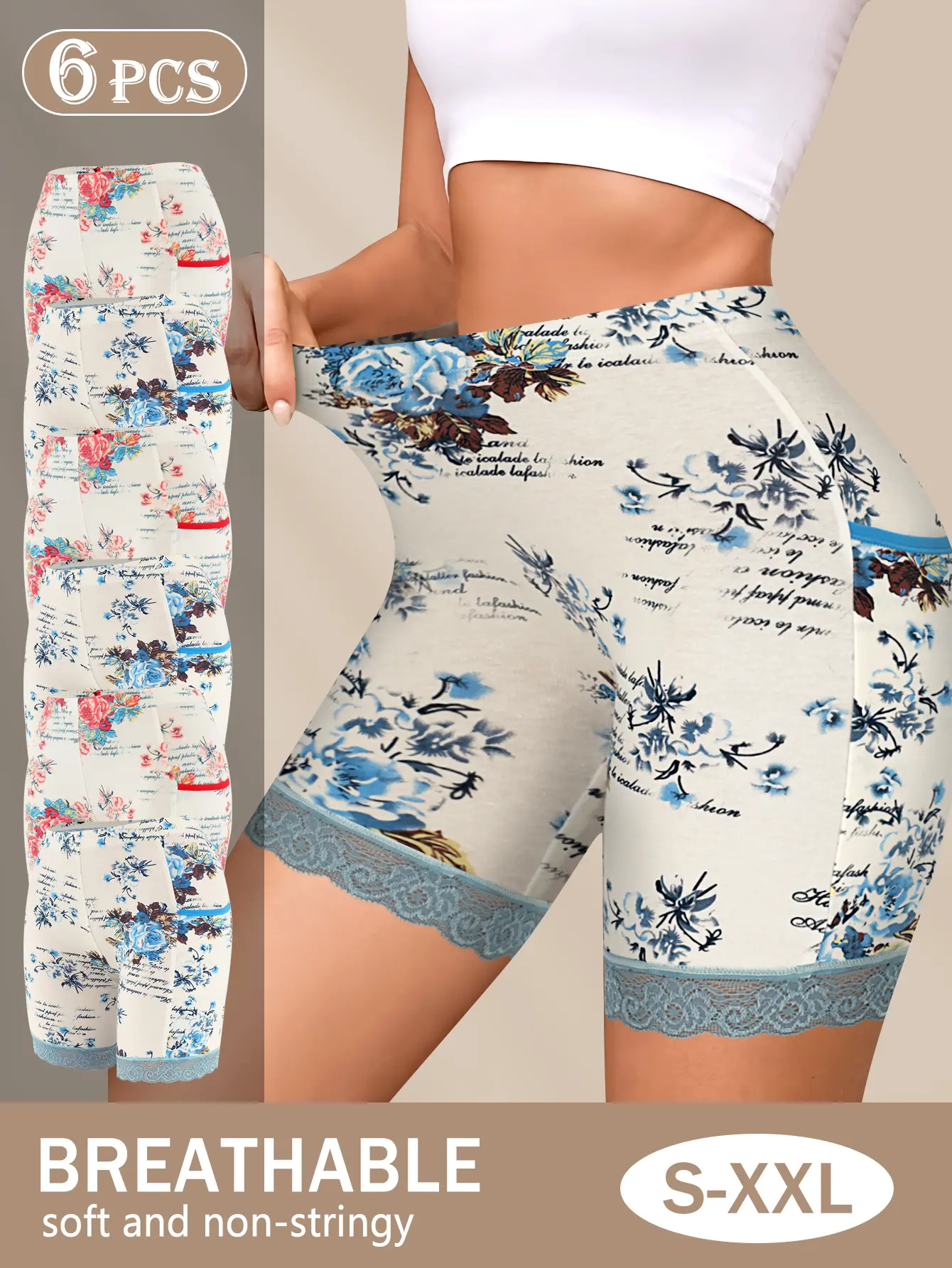 QUASTI Women's 6-Piece Cotton High-Waisted Lace Panties, Smooth Comfortable Elegant Slimming Breathable Briefs, Skin-Friendly Full Coverage Hip-Lifting Stretch Seamless Lady Shorts for Daily Wear, Fit (S-XXL)