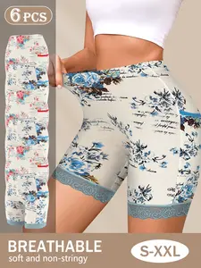 QUASTI 6 PCS High Waisted Lace Sexy Ladies Safety Pants, Cotton Print Breathable Seamless Casual Skin-friendly Shorts, Full Coverage Slim Fit Hip Lifting Fashionable Underwear, High Stretch Seamless Panties Suitable for Daily Wear, S-XXL