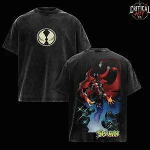 SuperStyle Spawn The Dark Hero Agent of Hell Ver 3 Image Comics Edition Oversize Cotton T-Shirt, Short-Sleeve Round Neck Apparel, Double-Printed Acid-Washed Lightweight Classic Casual Streetwear Graphic Top (Menswear) CXM