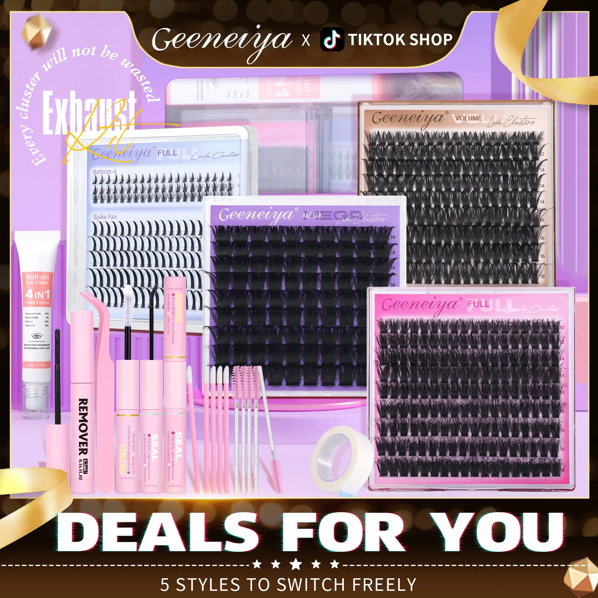 [EXHAUST]Geeneiya 5 Styles Lash Clusters Kit, Volume/ Mega/ Full/ Bottom Eyelash Clusters Extensions with Everything You Need for Beginners and Profic