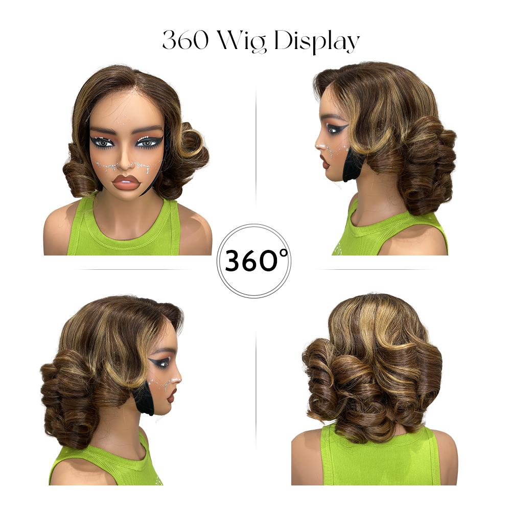 14 Inch Ombre Brown P4/350 Loose Bouncy Wave 200% Density Pre Cut Pre Plucked 5x5 Glueless Lace Wig Human hair Wigs 100% Vietnamese Hair Wear and Go Glueless Curly Wig