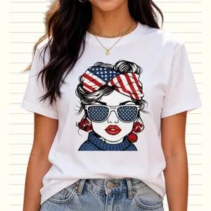 American Flag Bandana Messy Bun Patriotic Woman Graphic Tee Women, 4th Of July Y2K Coquette Oversized White T-Shirt USA Casual Top, Viral TikTok Shop Tees XS-6XL, Free Exquisite Gift With Every Purcha