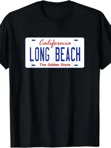 Long Beach California License Plate T-Shirt for Men & Women - Vintage California License Plate Design ( for Long Beach) - 220GSM Pure Short-Sleeve Round Neck Tee - Casual Unisex Top for Year-Round Wear
