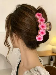 Dopamine Beach Hibiscus Claw Clip, Large Transparent Shark Clip, Sweet Vacation Style Hair Accessory, Back-Of-Head Hairstyle Holder
