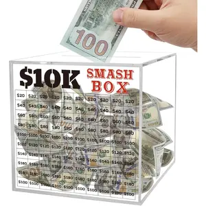 10K Box for Money Saving Challenge 4.72 Inch Clear Acrylic Piggy Bank for Cash Coin $10000 Money Saving Challenge Vault Fun Financial Gift for Men Teens Must Break to Open