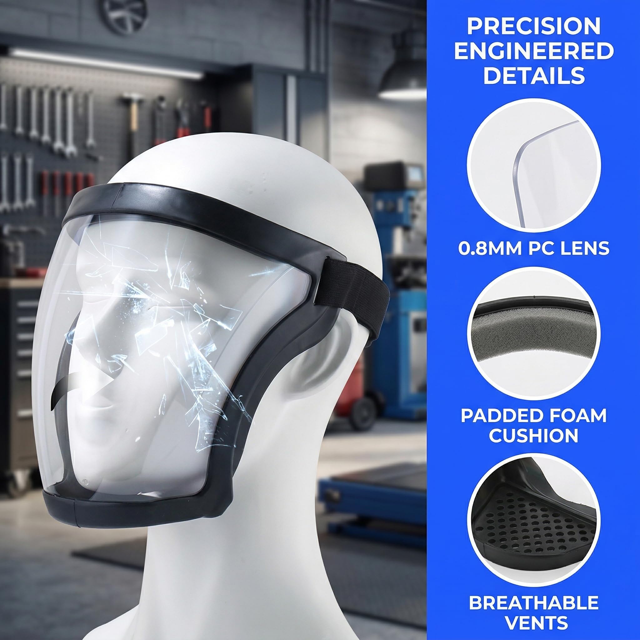 Full Face Protective Shield for Adults - Anti-Fog Safety Mask for Construction, Woodworking, Motorcycle, Cycling & Skiing, Adjustable Head Strap, Lightweight Polycarbonate Visor