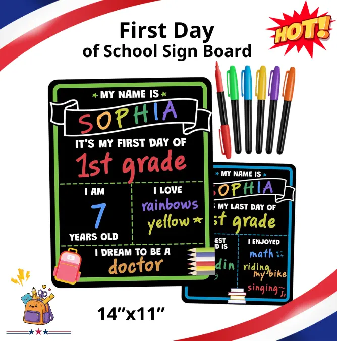 First Day of School Sign Board, 14x11in Double-Sided Reusable Board with Liquid Chalk Markers, My First & Last Day Sign, Back to School Supplies, Kindergarten & Preschool