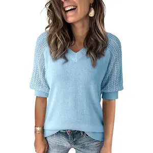 Women's Casual Short Sleeve Loose Crochet Tunic Tops Lightweight Knit Pullover Sweater Blouses2026