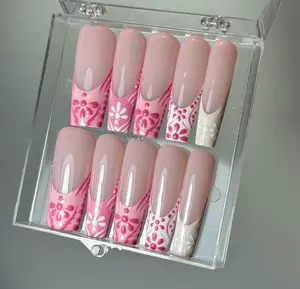 Pink boho French tip patchwork Press on Nails, hand painted artist Nails, glue on nail, birthday holiday gift for her