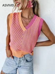 Women's Summer Colorblock Striped Knit Sleeveless Vest Top, Casual Vacation Wear, Office & Leisure Clothing, Loose-Fitting, Stripe Pattern, Knit Vest Tops
