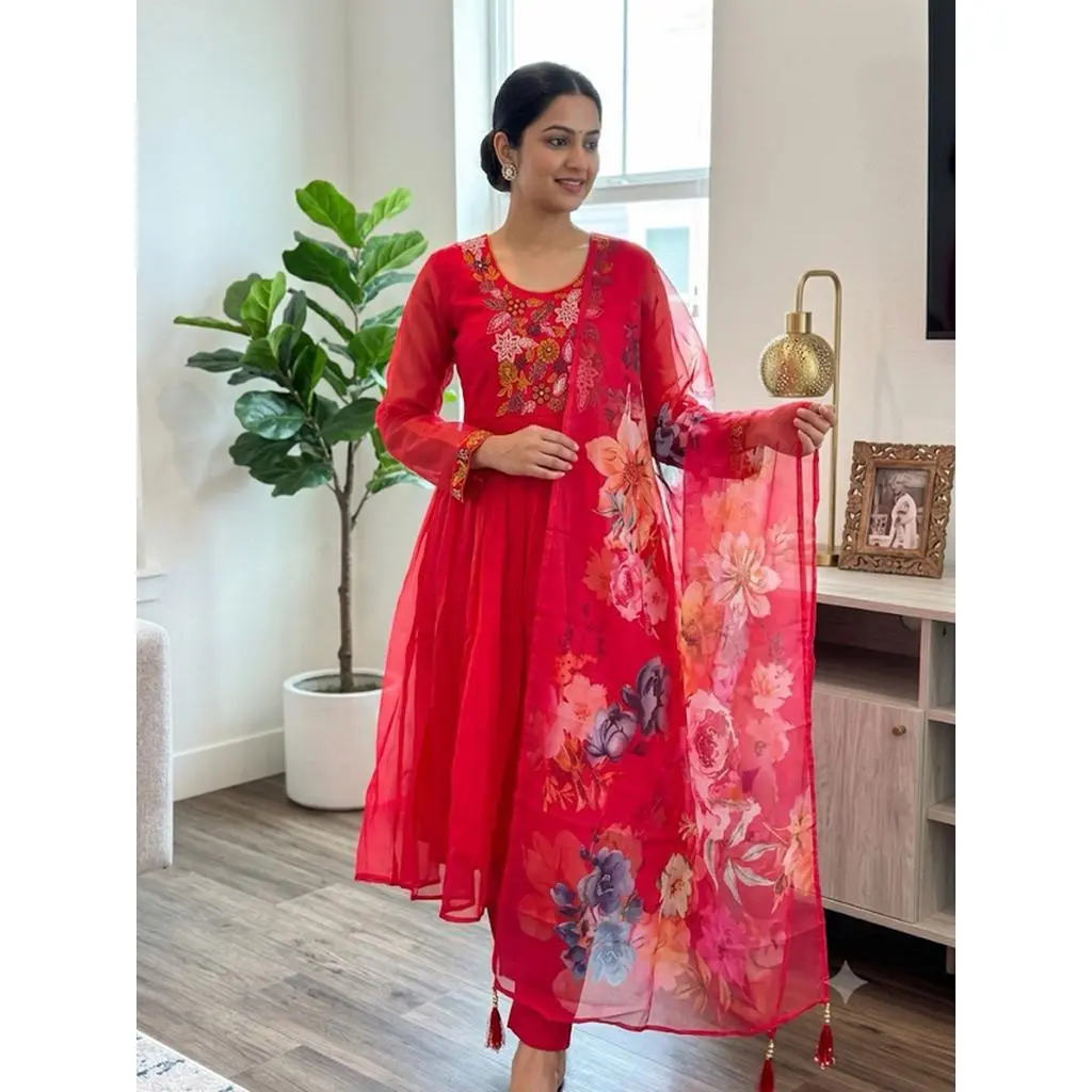 Women's Red 3-Piece Flared Kurta Set with Floral Print Dupatta & Trousers Elegant Embroidered Ethnic Party Wear Anarkali Suit Traditional Festive Outfit M-38" L-40" XL-42" XXL-44"