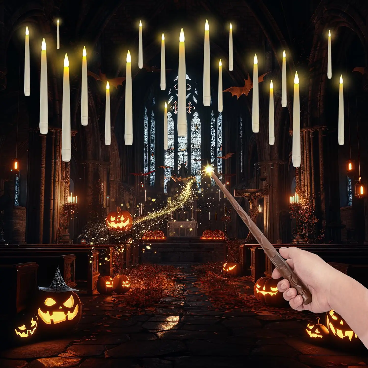 20pcs Taper Shape Flameless Floating Lights, Wand Remote-Controlled Battery-Operated Flickering Warm Light Decor for Halloween Aesthetic, Holiday Indoor Use