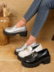 Women's New Silver// Metal Buckle Thick Sole Loafers, Cool Chunky Heel Single Shoes, All-Season Commuter Casual Vintage Style