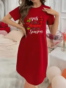 Soft and slightly elastic women's lingerie Christmas Jesus is the Reason for the Season Printed Short Sleeve Round Neck Nightgown, Sexy and Elegant Young Style Women's Christmas Dresses, First choice for Halloween, Christmas and Thanksgiving gifts!