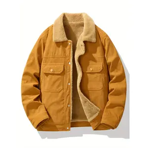 Men's Thick Corduroy Jacket, Warm Lined, Multi-Pocket, Single-Breasted Outdoor Hiking Training Running Work Casual Trucker Style, Polyester, Regular Fit, Long Sleeves for Adult Men