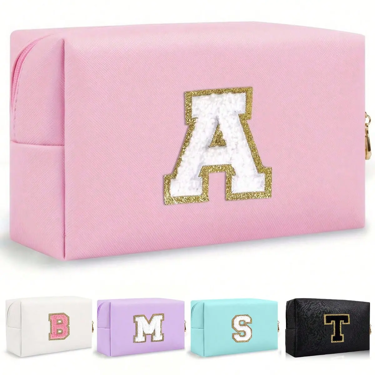 Women's Personalized Makeup Bag, Colorblock PU Leather Pouch with Chenille Initial, Waterproof Travel Cosmetic Bag for Purse