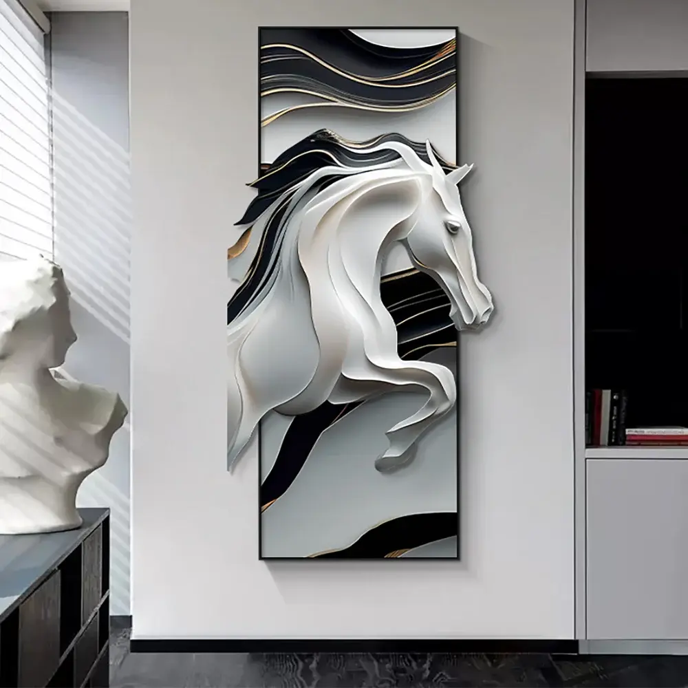 Homary Unframed Black & White Artistic Horse 3D Print Poster - Easy-to-Clean Abstract Irregular Horse-Shaped Decor, Home Aesthetic Wall Hanging for Living Room Decoration