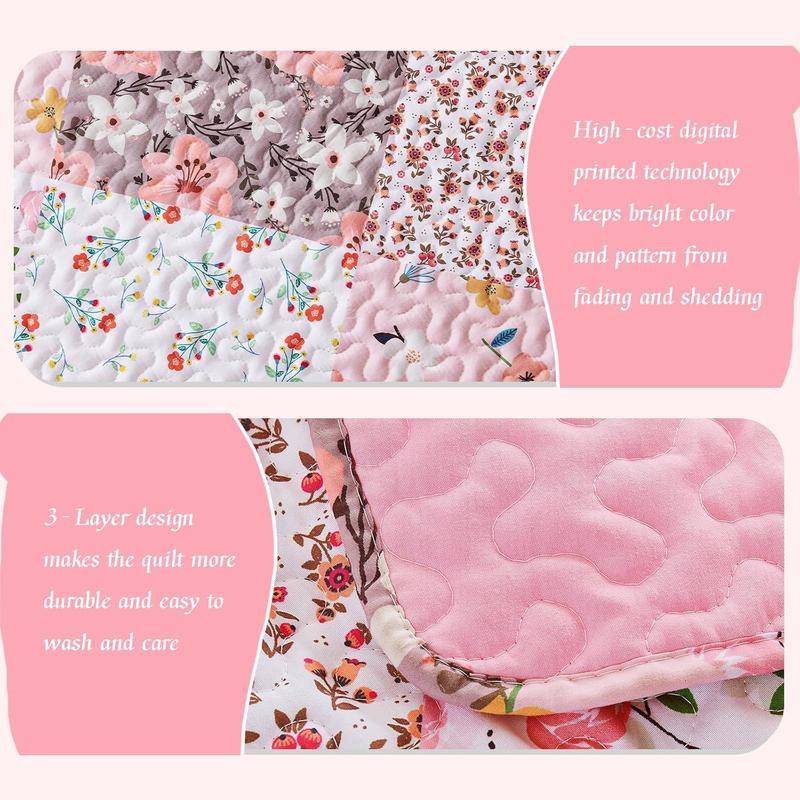 Reversible Patchwork Quilts Full  Size, Lightweight Boho Printed Bedspreads Coverlets Quilt Bedding Set with 2 Pillow Shams for All Seasons, Pink