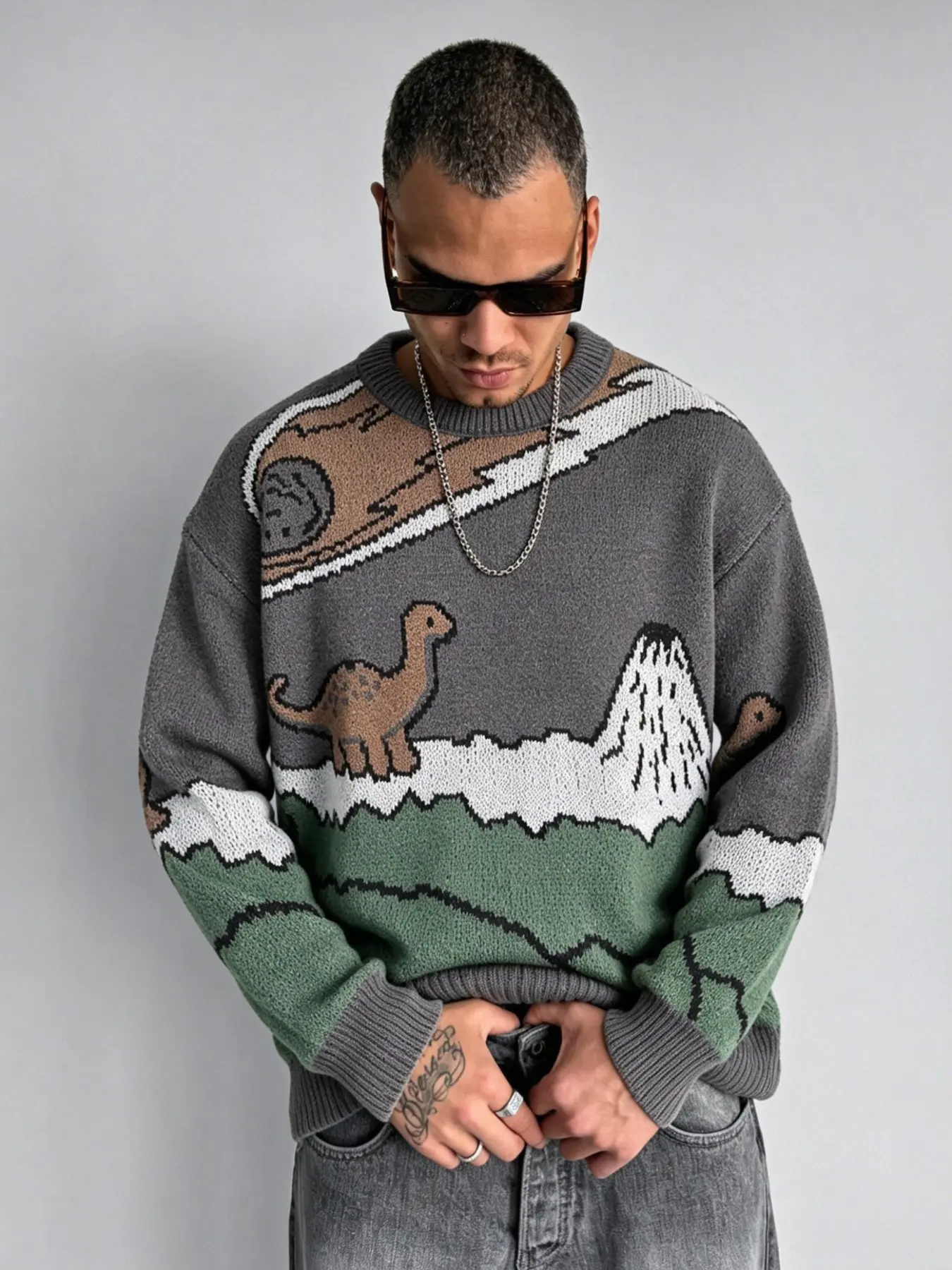Cartoon Dinosaur Colorblock Crewneck Oversize Knitwear Sweater, Casual Street Style, Soft Comfortable Fabric, Men's and Women's Fall Winter Essential