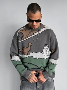 Cartoon Dinosaur Colorblock Knit Sweater, Casual Street Style, Soft Comfortable Fabric, Men's and Women's Fall Winter Essential